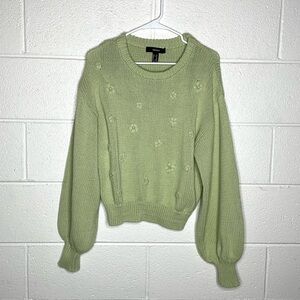 < Forever 21 Green Knit Sweater With Floral Embroidered Detail >